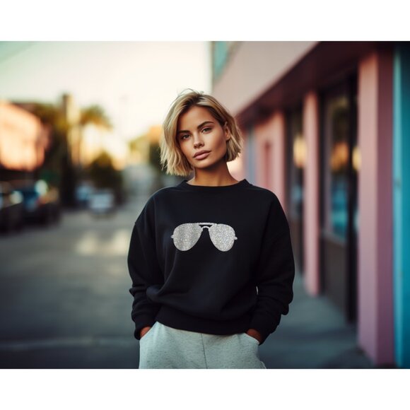Tops - The Shady Sweatshirt – Black Pullover with Glitter Aviator Sunglasses Graphic